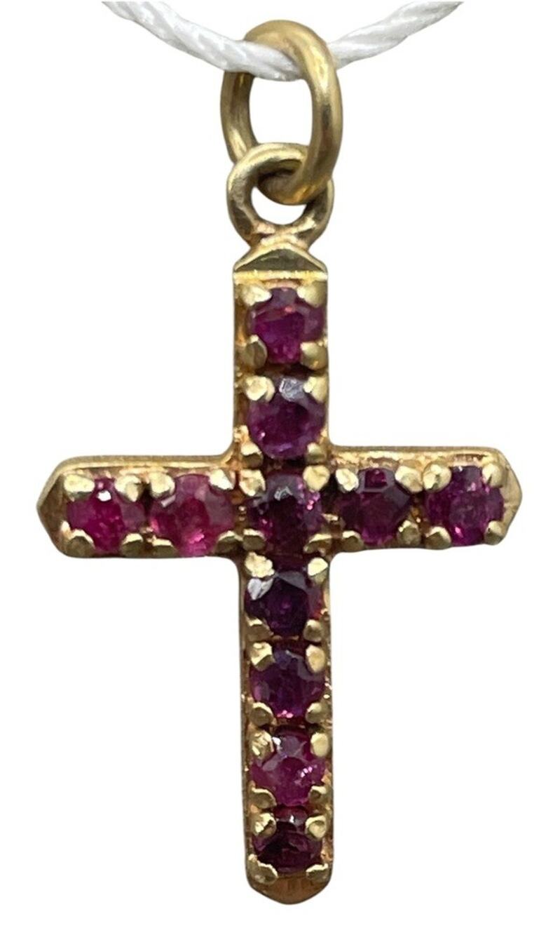 14K Yellow Gold Pink/Magenta Stone Cross Pendant (26097)